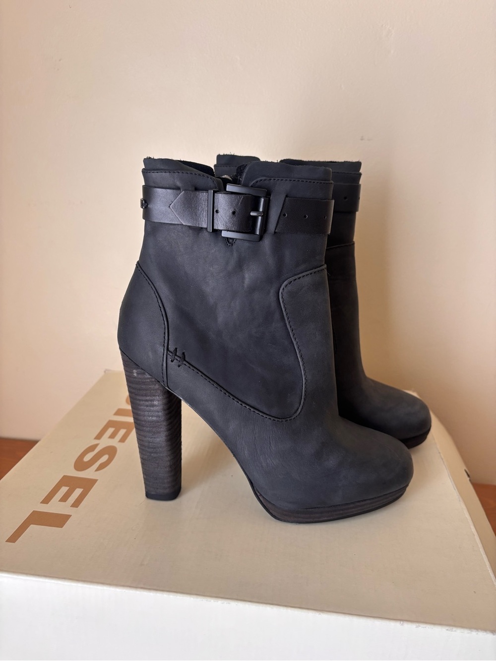 DIESEL BERCY boots Black High-Heel Ankle Boots with Buckle Women's Size 7